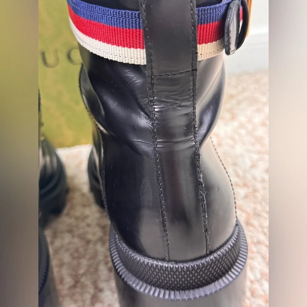 Gucci Sylvie Web Womens Lace Up Calfskin Leather Black Combat Boots Size 39. - Picture 8 of 11